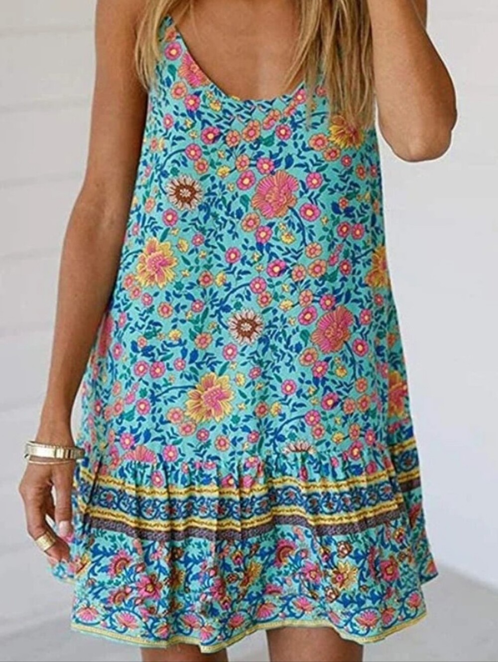 Turquoise Floral Scoop Neck Mini Dress with Tiered Hem